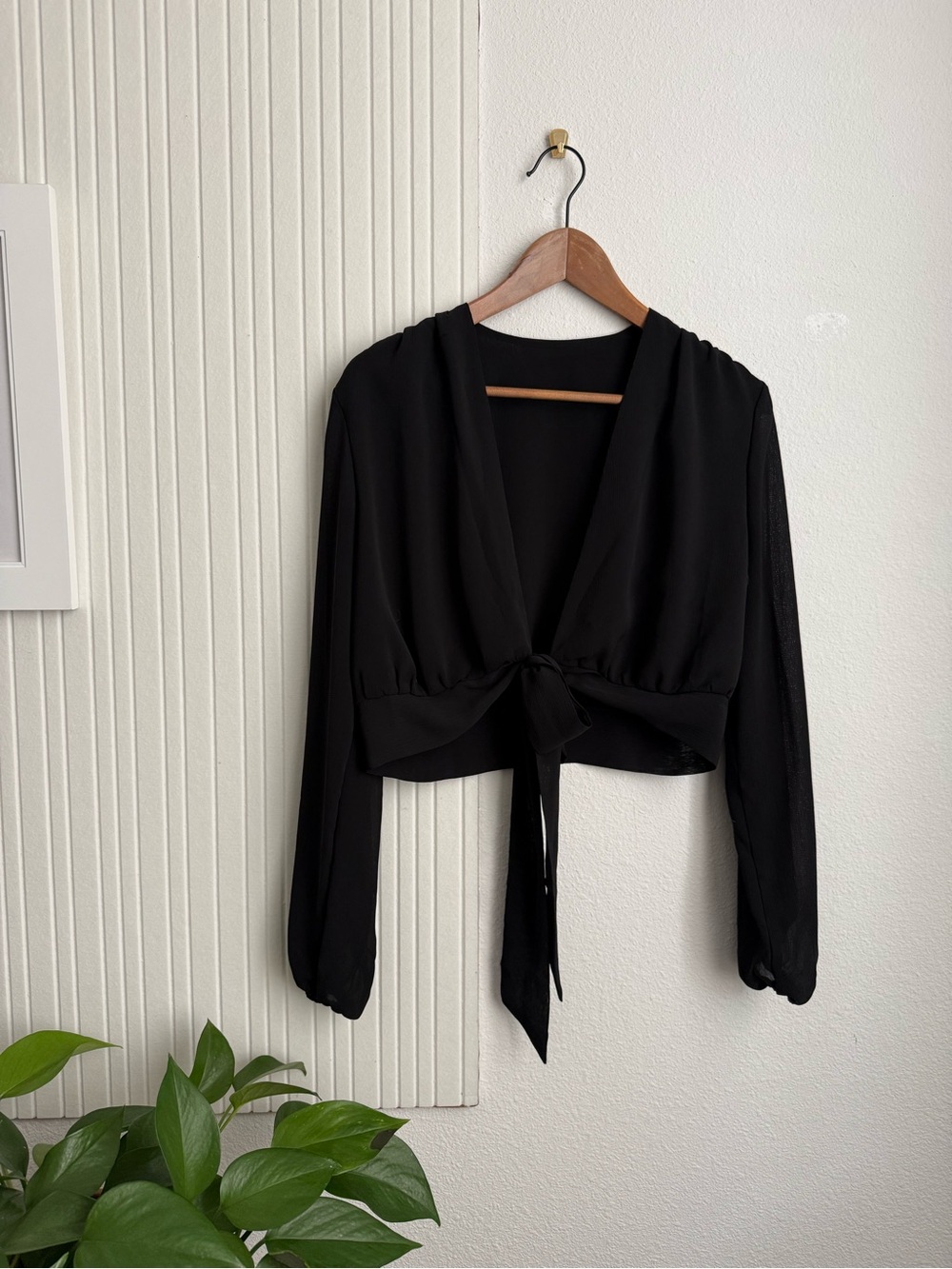 Black Tie Wrap Cropped Blouse